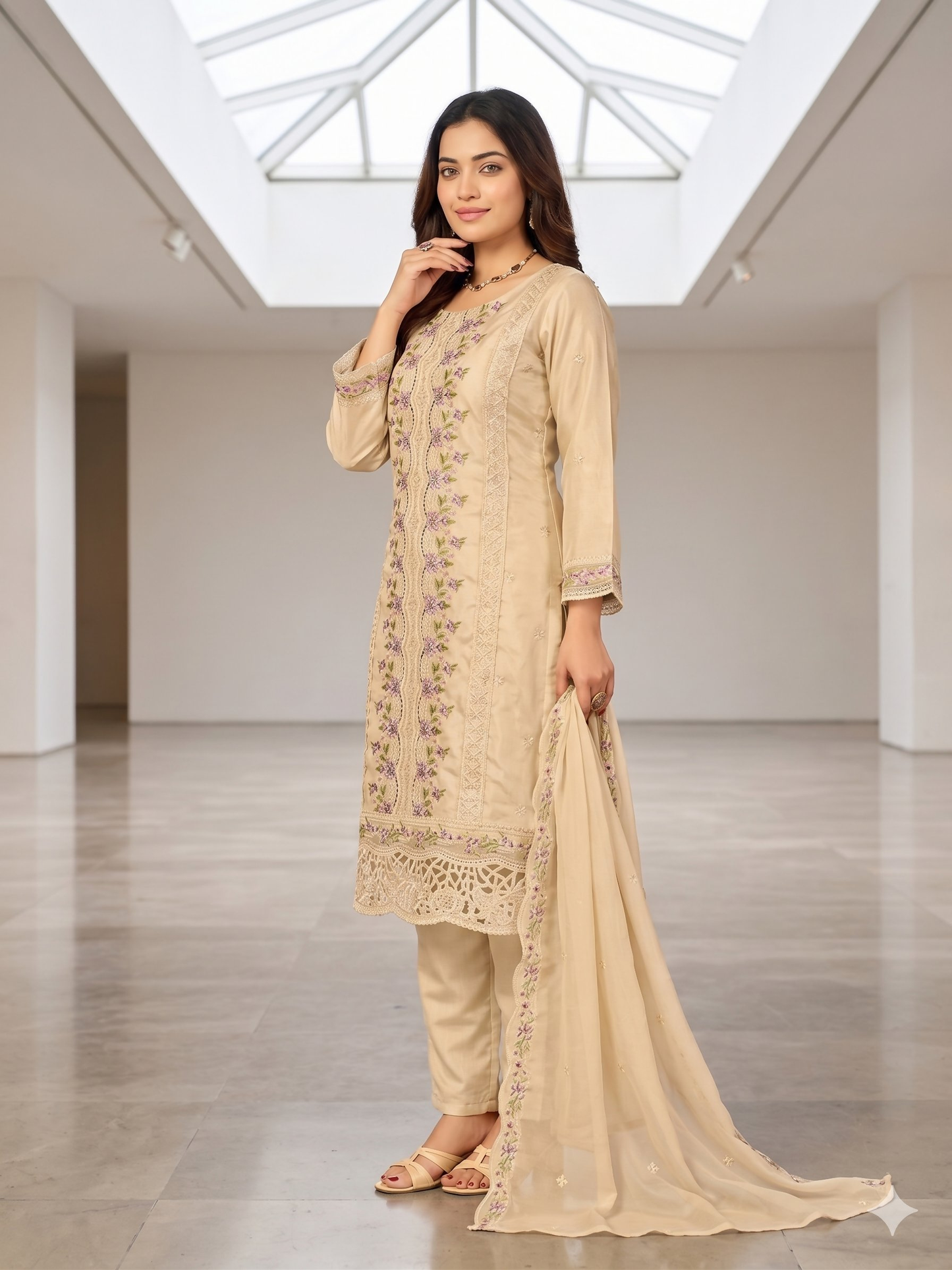 Teeya Creation Womens New Trendy Silk With Heavy Embroiedery With Sequence Work Beige Kurta Set