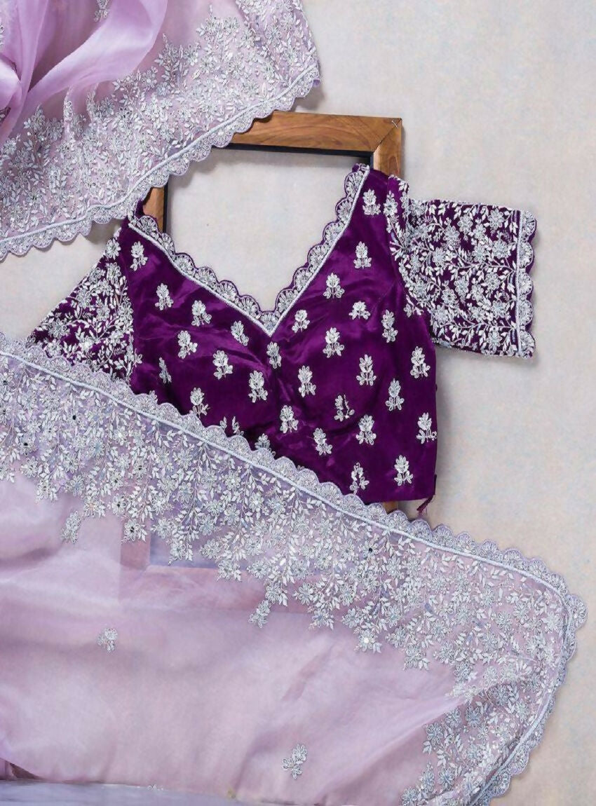 Teeya Creation New Womens Latest Party Wear Soft Organza Saree-Lavender