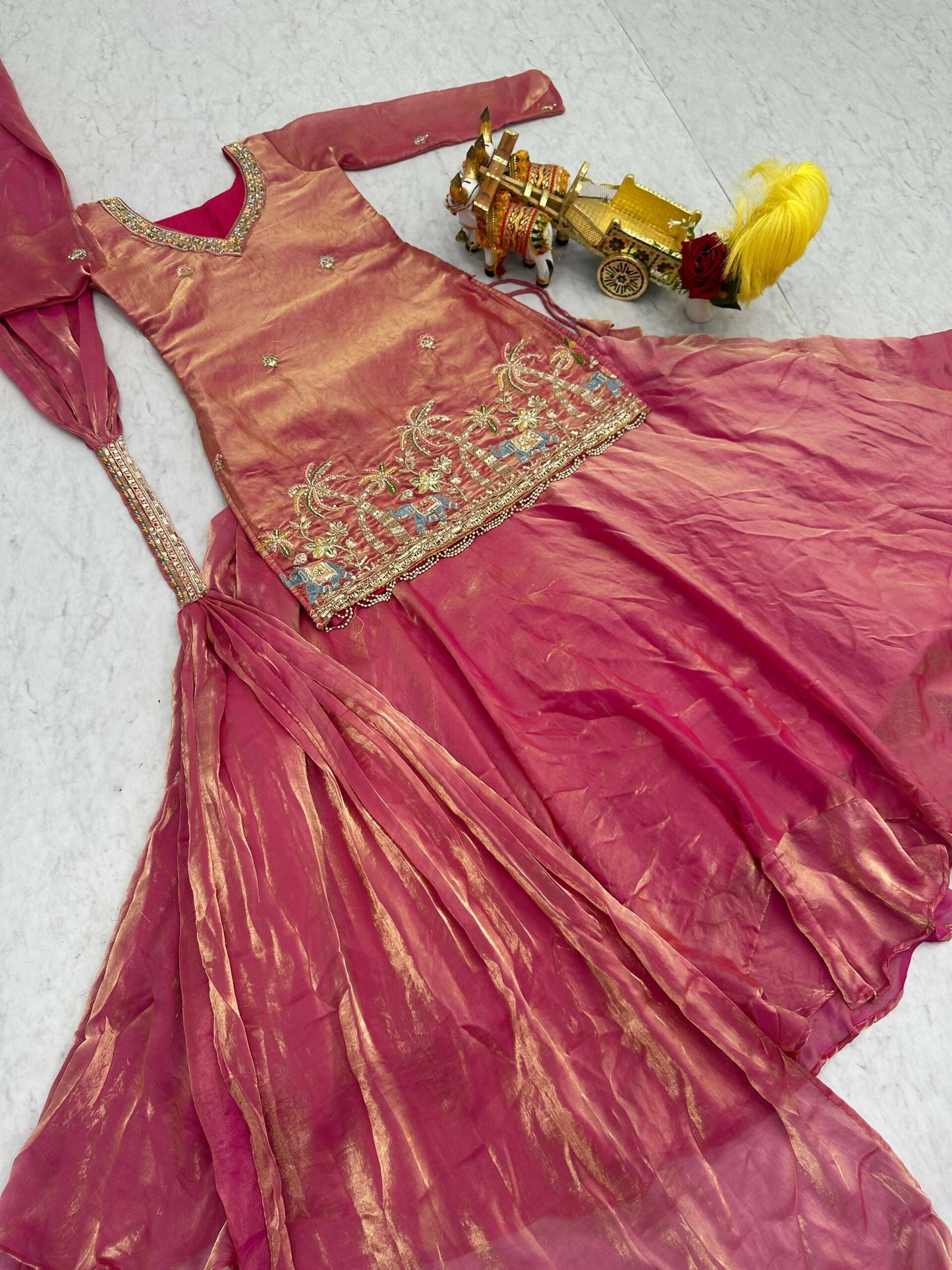 Teeya Creation Womens New Stylish Moti Beads With Cording Sequence Thread Embroidery Work Pink Kurta Set