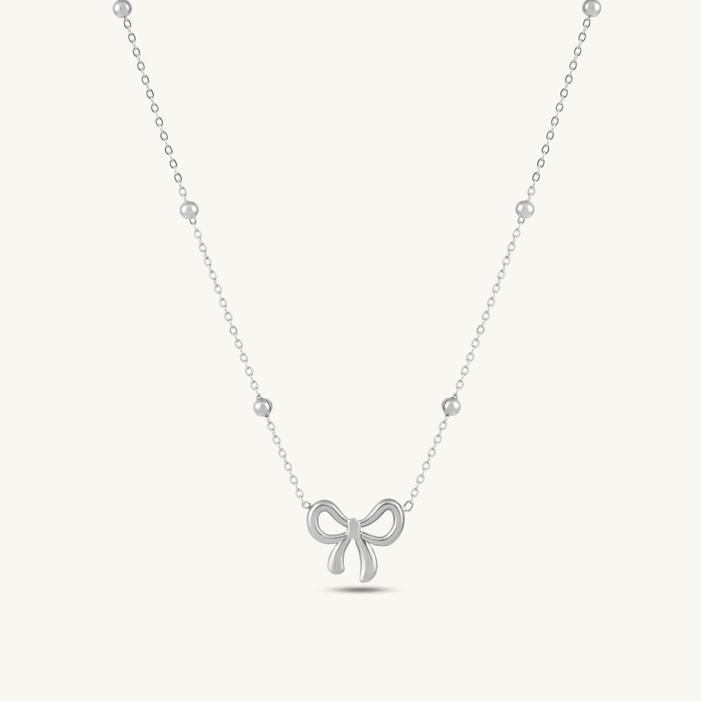 Dainty Ribbon Bow Necklace with Beaded Chain Accents