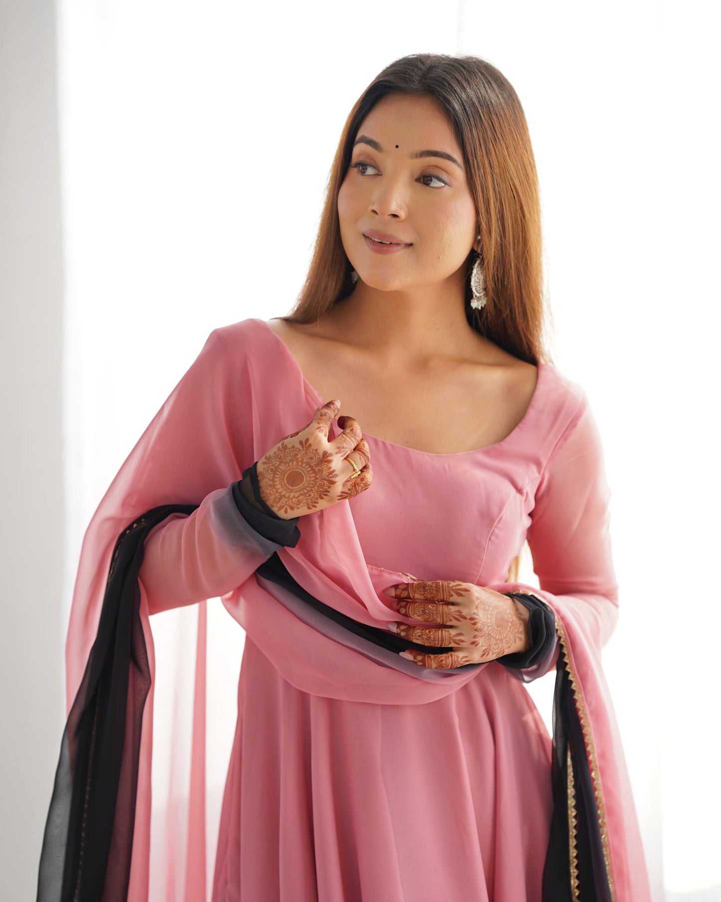 Lehenga Mart Designer Anarkali Suit With Kurta Pant Dupatta For Women-Onion Pink