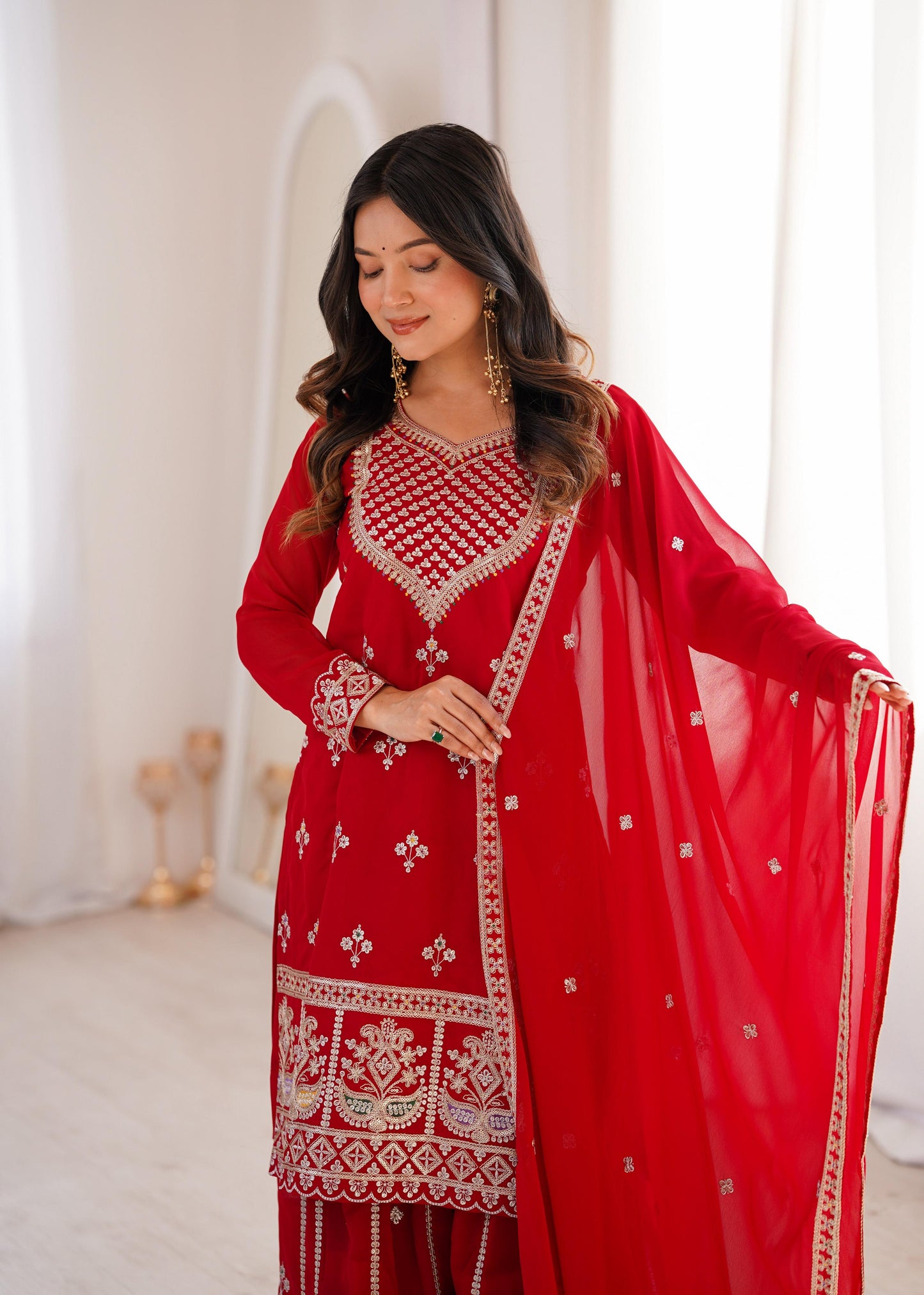 Lehenga Mart Designer Sharara Suit With Kurta Sharara Dupatta For Women-Red