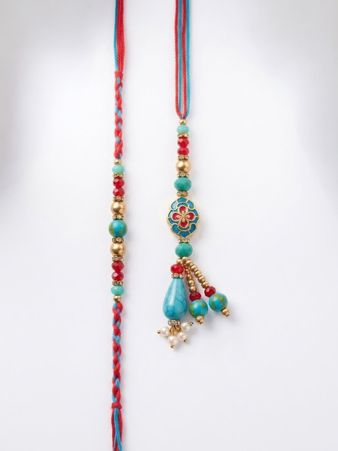 NVR Set of 2 Multicolor Artificial Beads Bhaiya Bhabhi Thread Rakhi With Roli Chawal