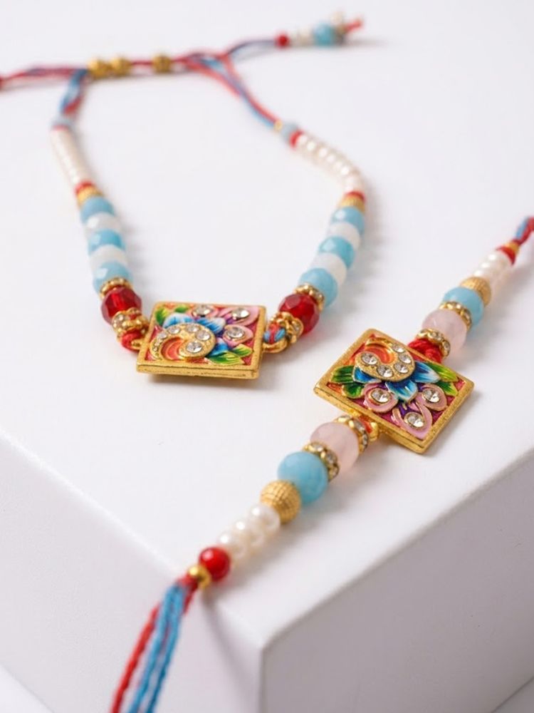 NVR Set of 2 Multicolor Artificial Beads Bhaiya Bhabhi Rakhi With Roli Chawal Chandan