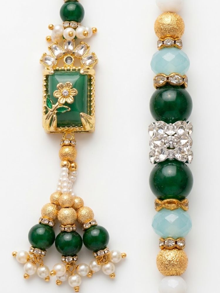 NVR Set of 2 Green Artificial Beads Traditional Bhaiya Bhabhi Rakhi with Roli Chawal