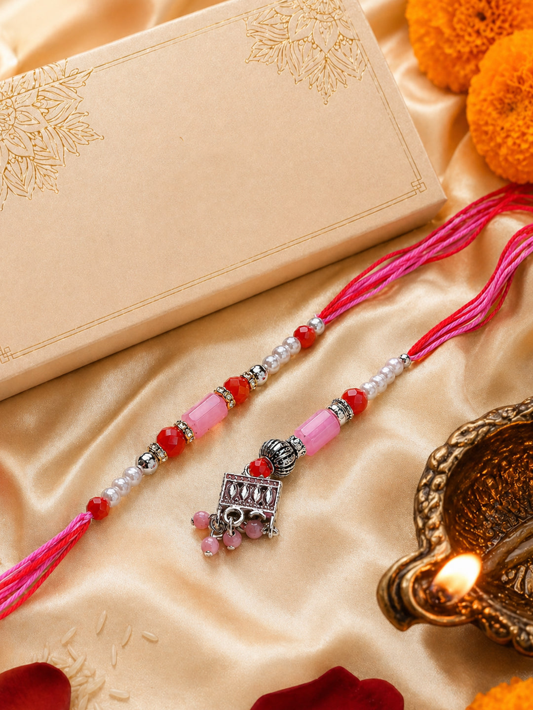 NVR Set of 2 Artificial Beads Jhumka Design Bhaiya Bhabhi Rakhi with Roli Chawal