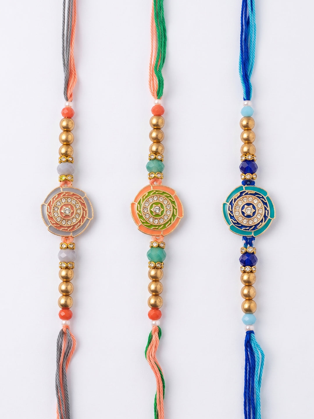 NVR Set of 3 Floral Design Multicolor Artificial Beads Thread Rakhi With Roli Chawal