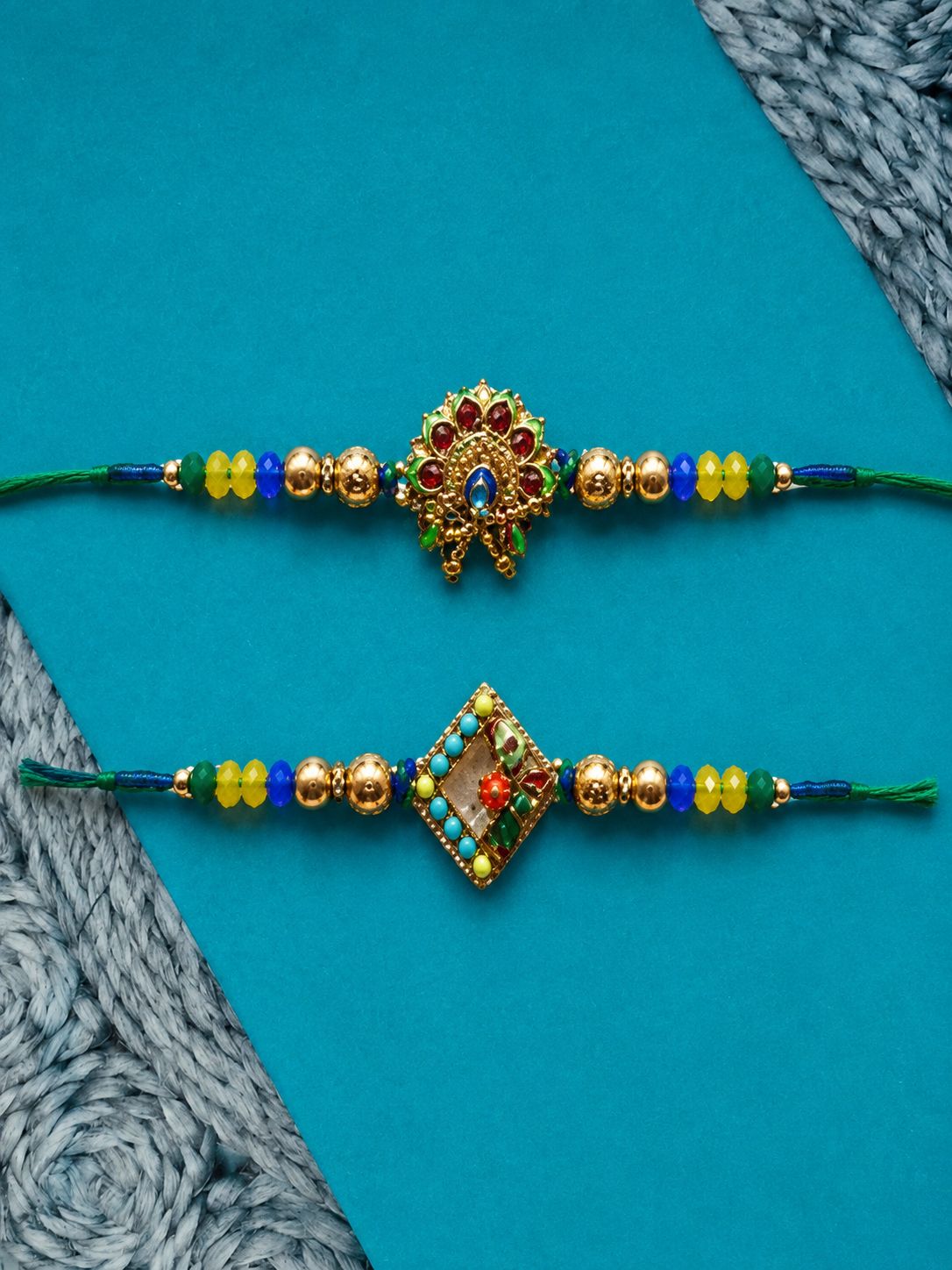 NVR Set of 2 Traditional Thread Rakhi with Roli Chawal Chandan Mishri