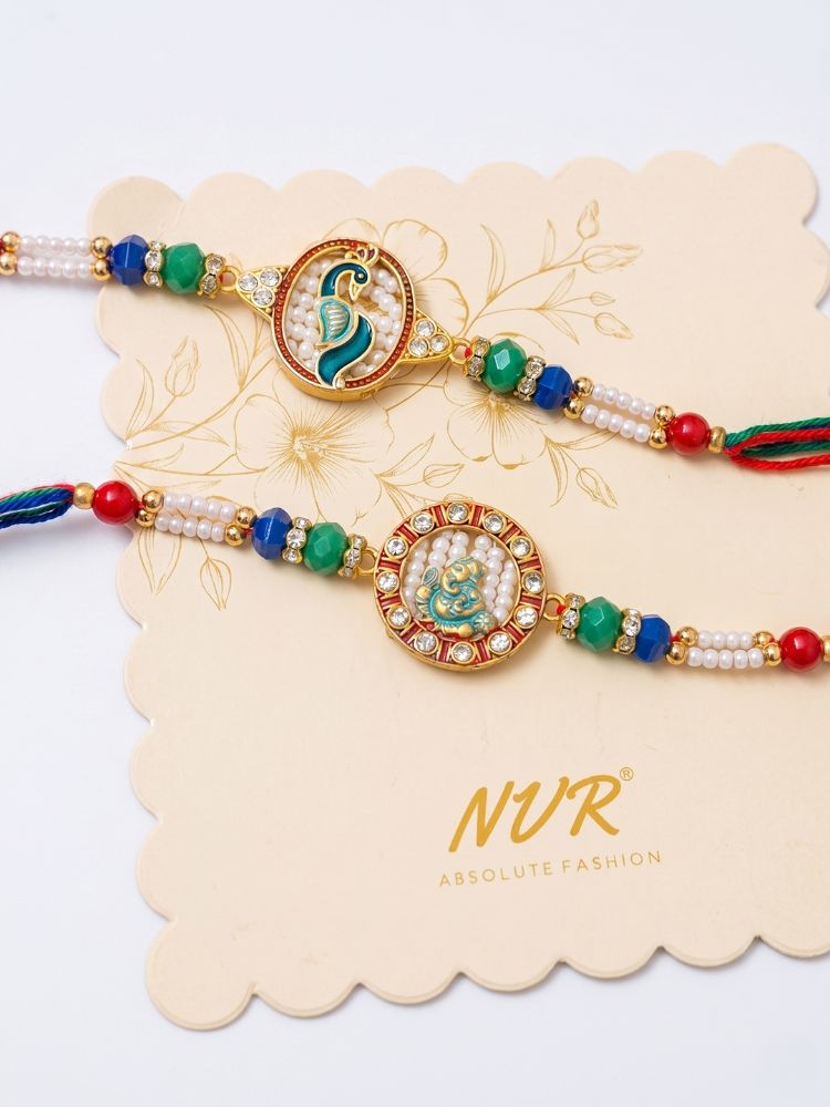 NVR Set of 2 Multicolor Peacock Design Rakhi with Roli Chawal Chandan Mishri