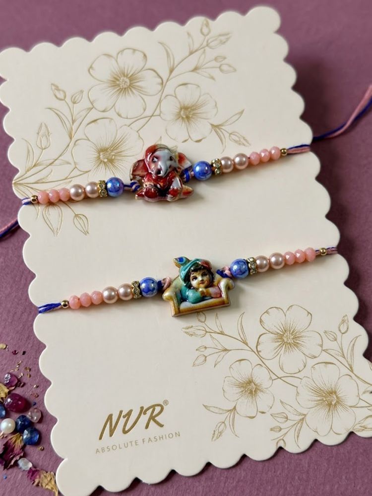 NVR Set of 2 Krishna Ji & Ganesh Ji Beaded Religious Thread Rakhi with Roli Chawal