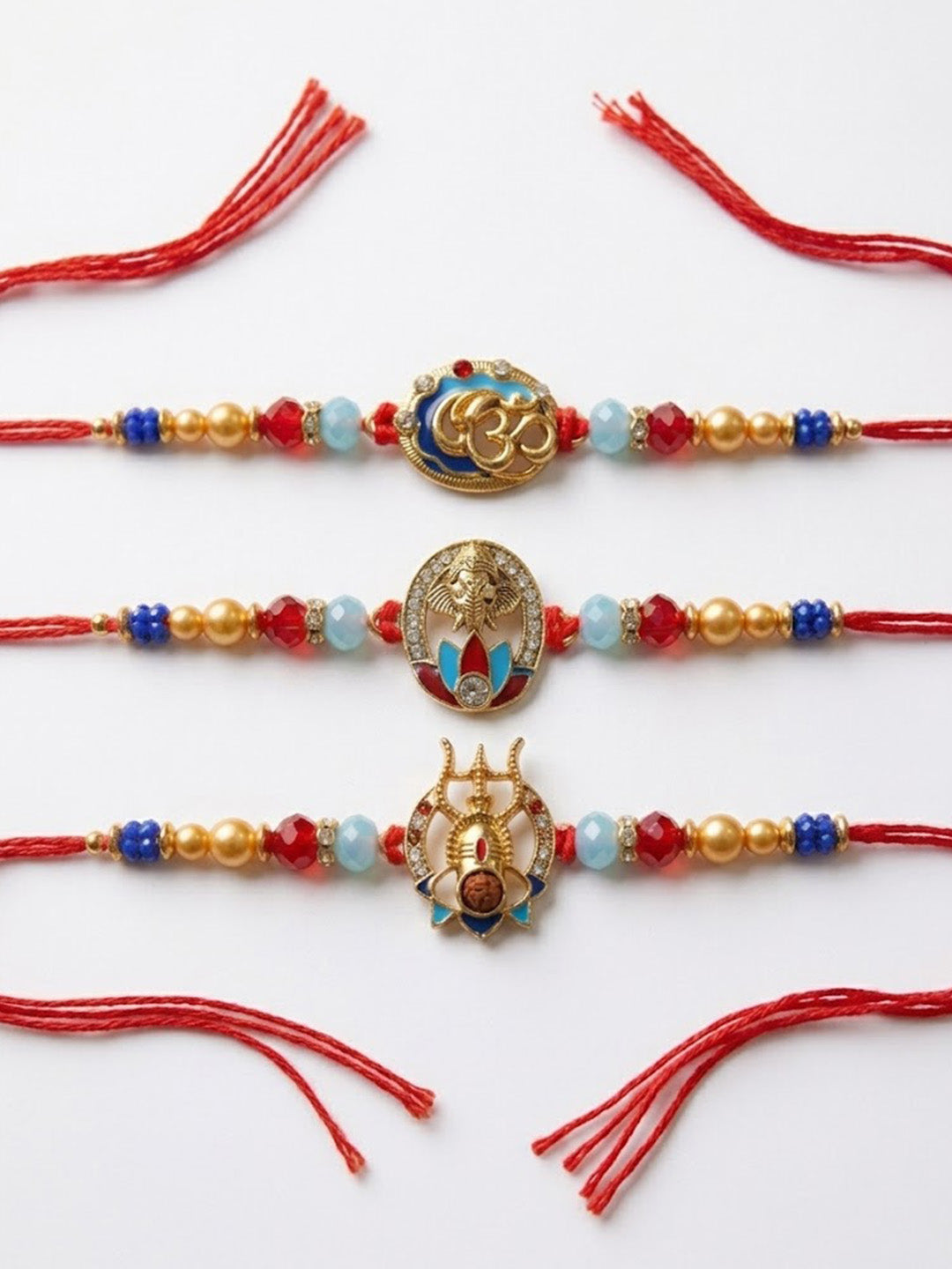 NVR Multicolor Set of 3 Artificial Stones Religious Thread Rakhi With Roli Chawal Chandan