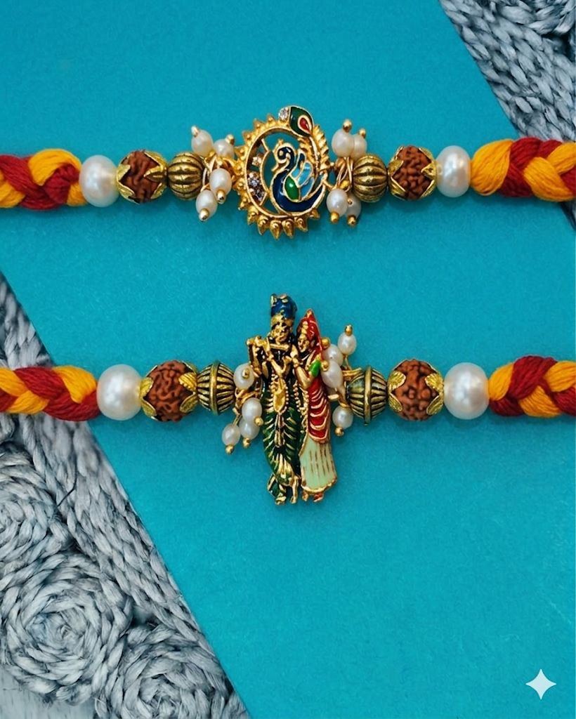NVR Set of 2 Religious Thread Pearls Rakhi with Roli Chawal Chandan Mishri