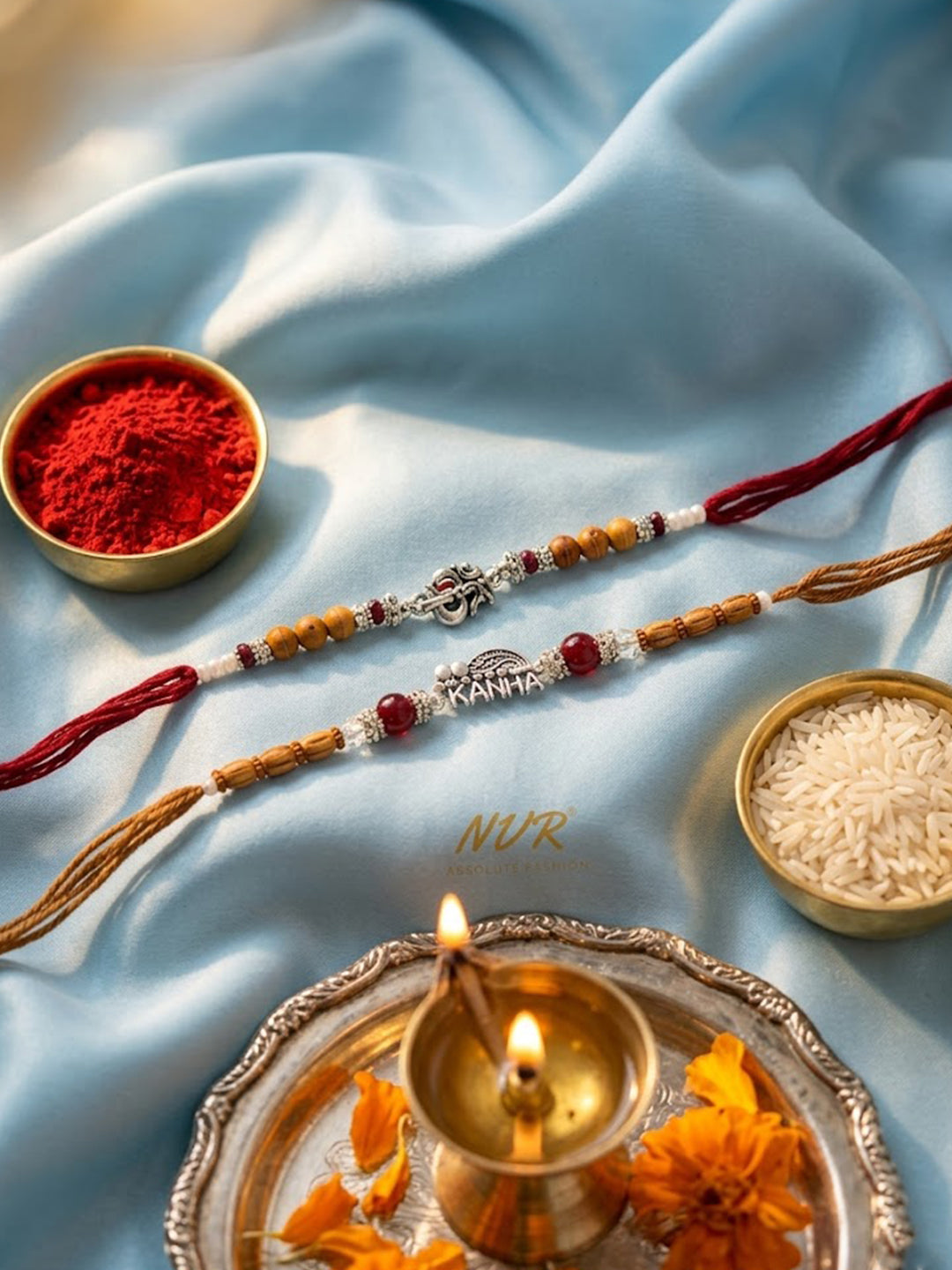 NVR Set of 2 Silver Toned Religious Rakhi Thread Rakhi Roli Chawal Chandan Mishri