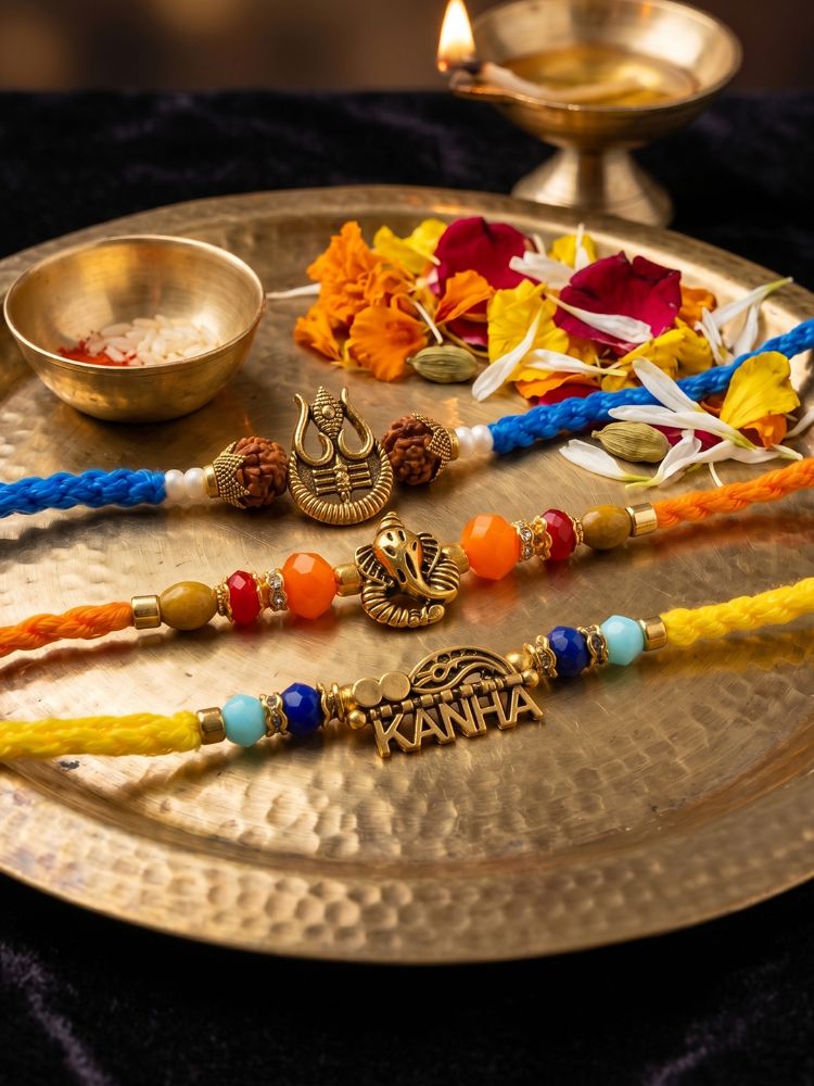 NVR Set of 3 Rudraksh Religious Rakhi Thread Rakhi Roli Chawal Chandan Mishri