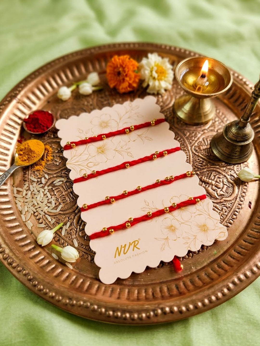 NVR Set of 4 Traditional Red Thread Rakhi With Roli Chawal Chandan Mishri