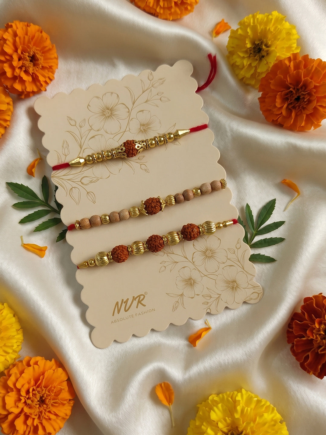 NVR Set of 3 Religious Rudraksh Red Thread Rakhi With Roli Chawal Chandan Mishri