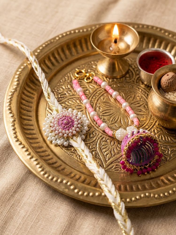 NVR Set of 2 Floral Perals Jhumka Design Bhaiya Bhabhi Rakhi with Roli Chawal Chandan