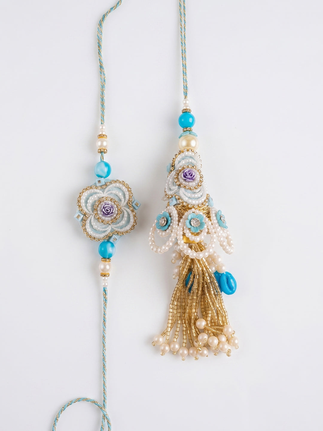 NVR Set of 2 Pearls & Artificial Stones Floral Bhaiya Bhabhi Rakhi with Roli Chawal