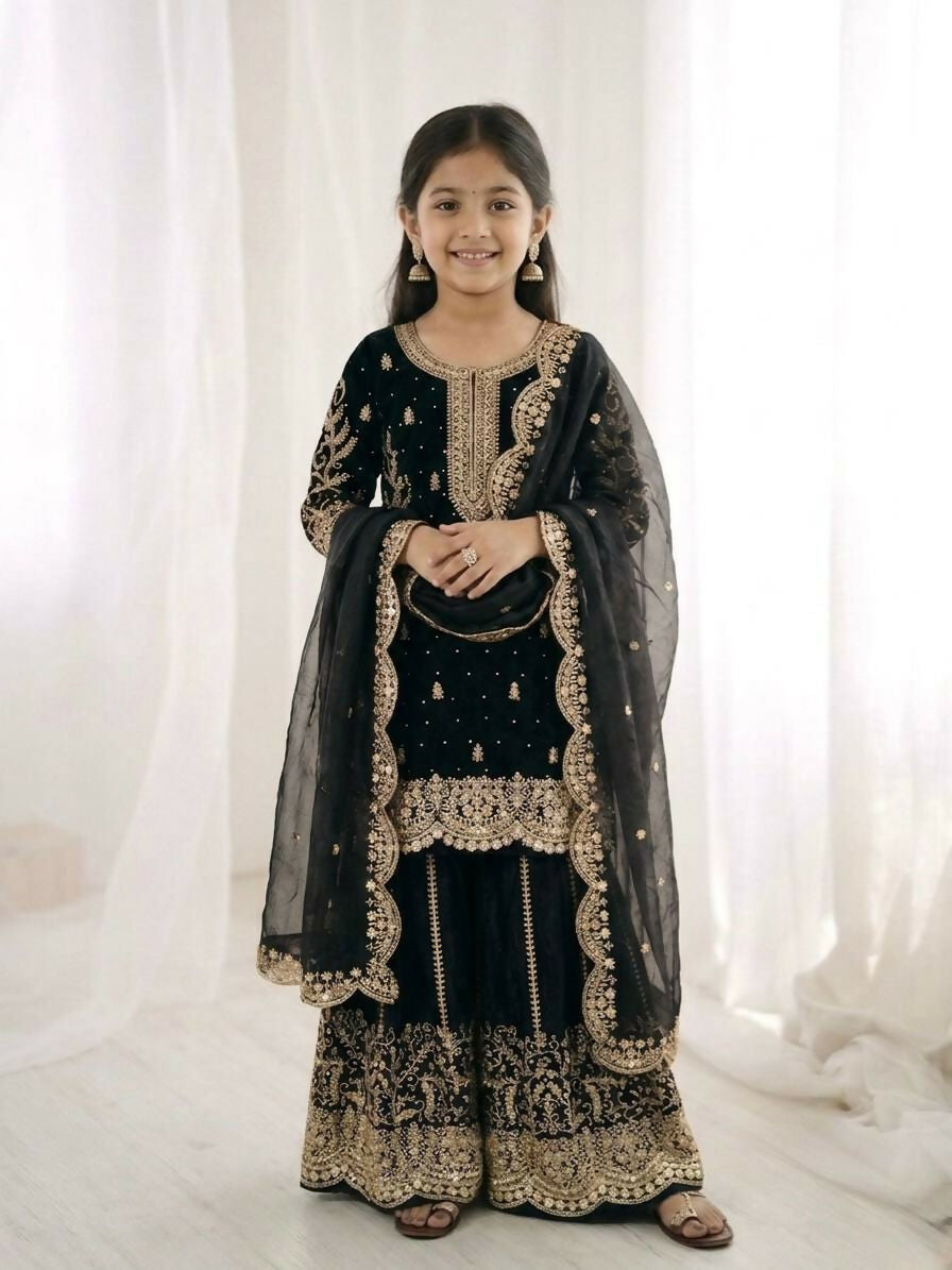 Teeya Creation New Trendy Fully Stitched Ready to Wear Kids Kurta Palazzo Set-Black