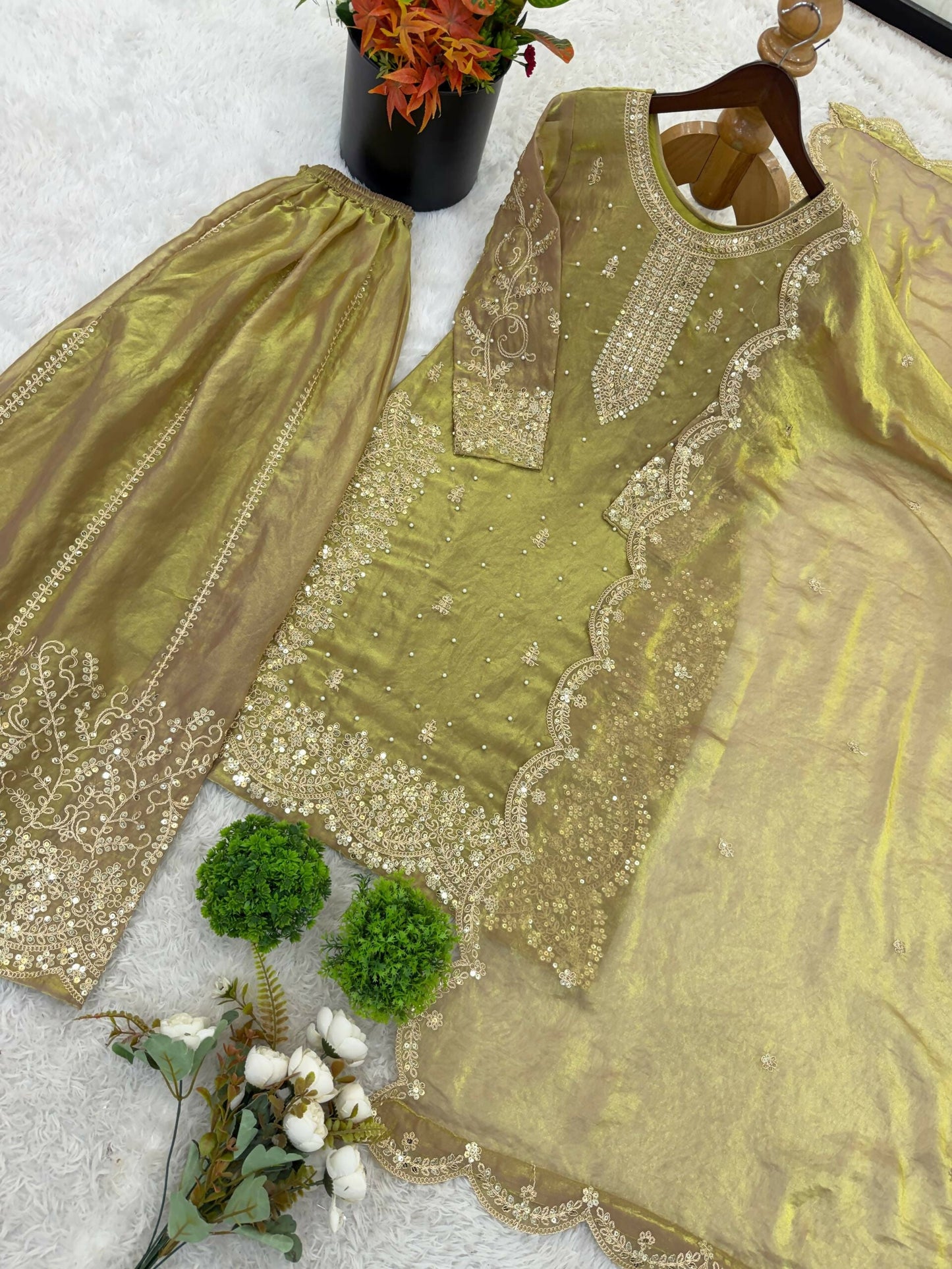 Teeya Creation Womens New Trendy Embroidery Coding And Sequence Work Light-Green Kurta Set
