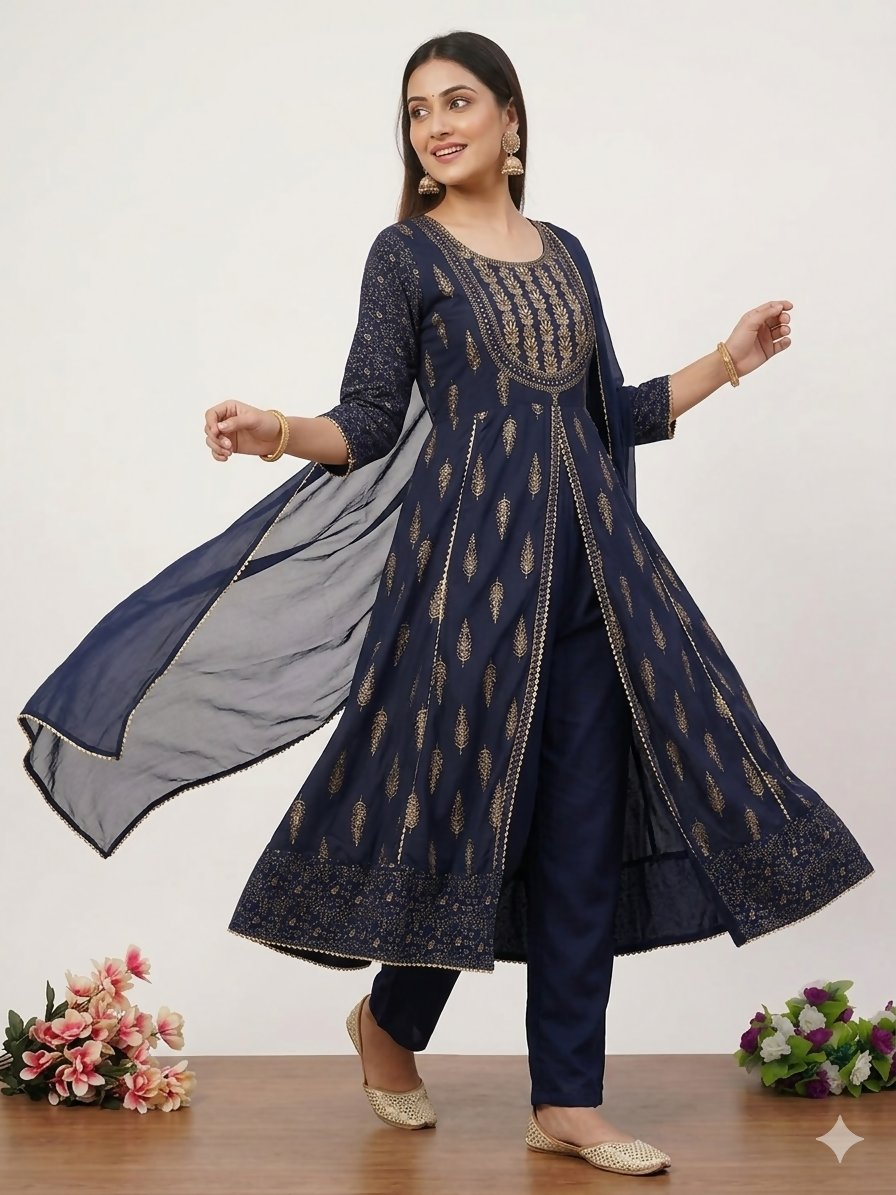 Teeya Creation Women's Navy Blue Fully Stitched Ethnic Kurta With Pant And Dupatta