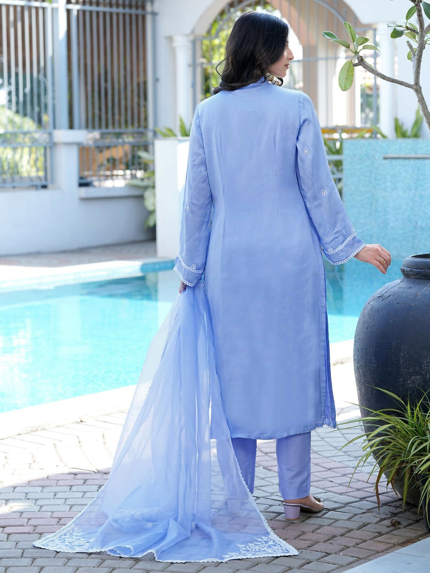 Nikhaar Light Purple Embroidered Modal Silk Stitched Straight Cut Kurta Pants Dupatta Readymade Suit