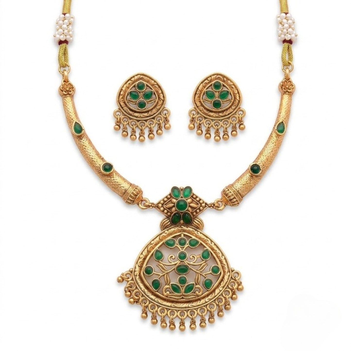 Jewel City Antique Gold Plated Matte Indian Necklace Set with Green Stones | Traditional Bollywood Wedding Jewelry with Earrings