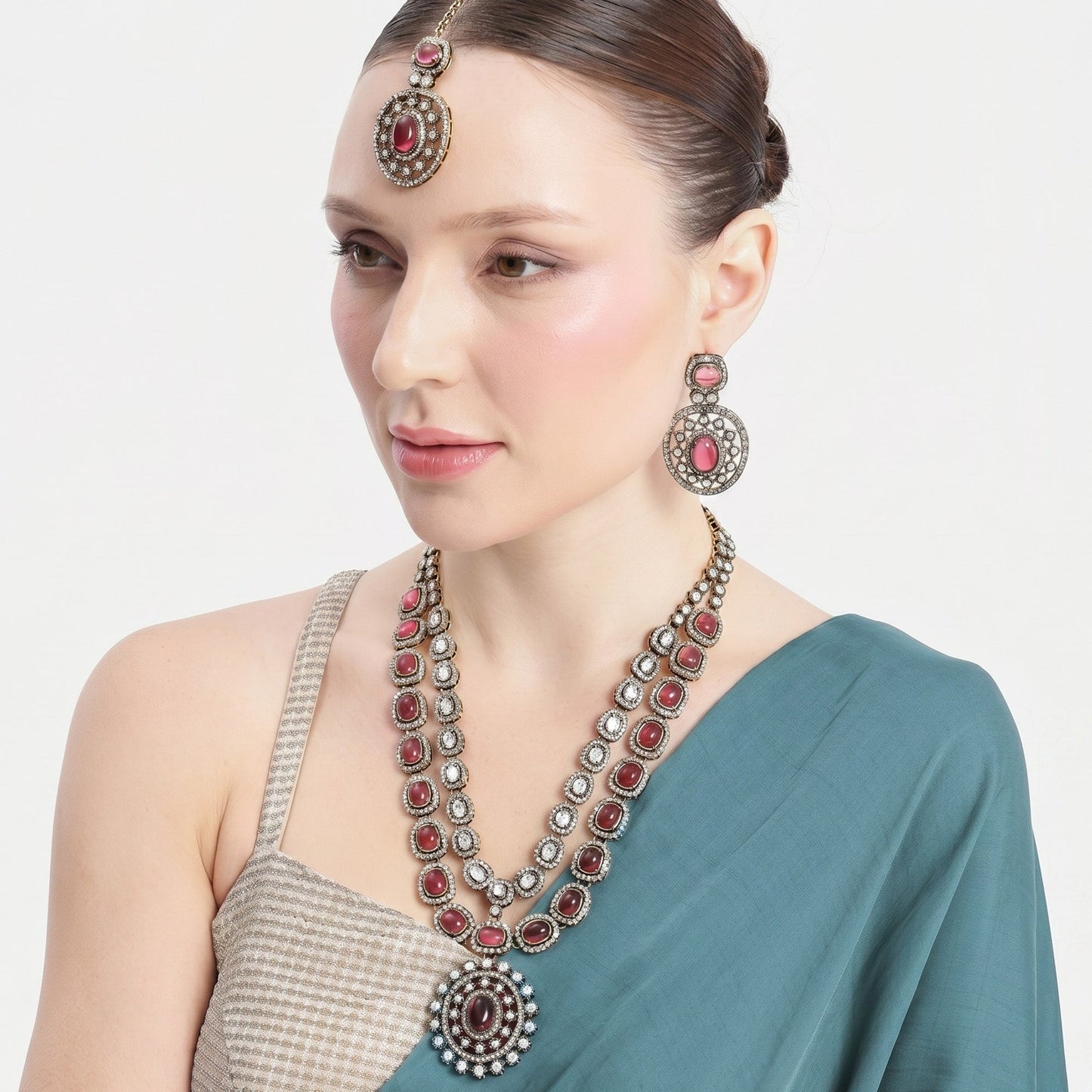 Rajlaxmi Ruby Haram Necklace Set with Maang Tikka