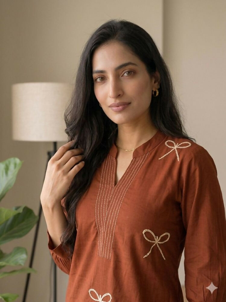 Teeya Creation Women New Trendy Rust Orange Embroidered Cotton Kurta with Palazzos