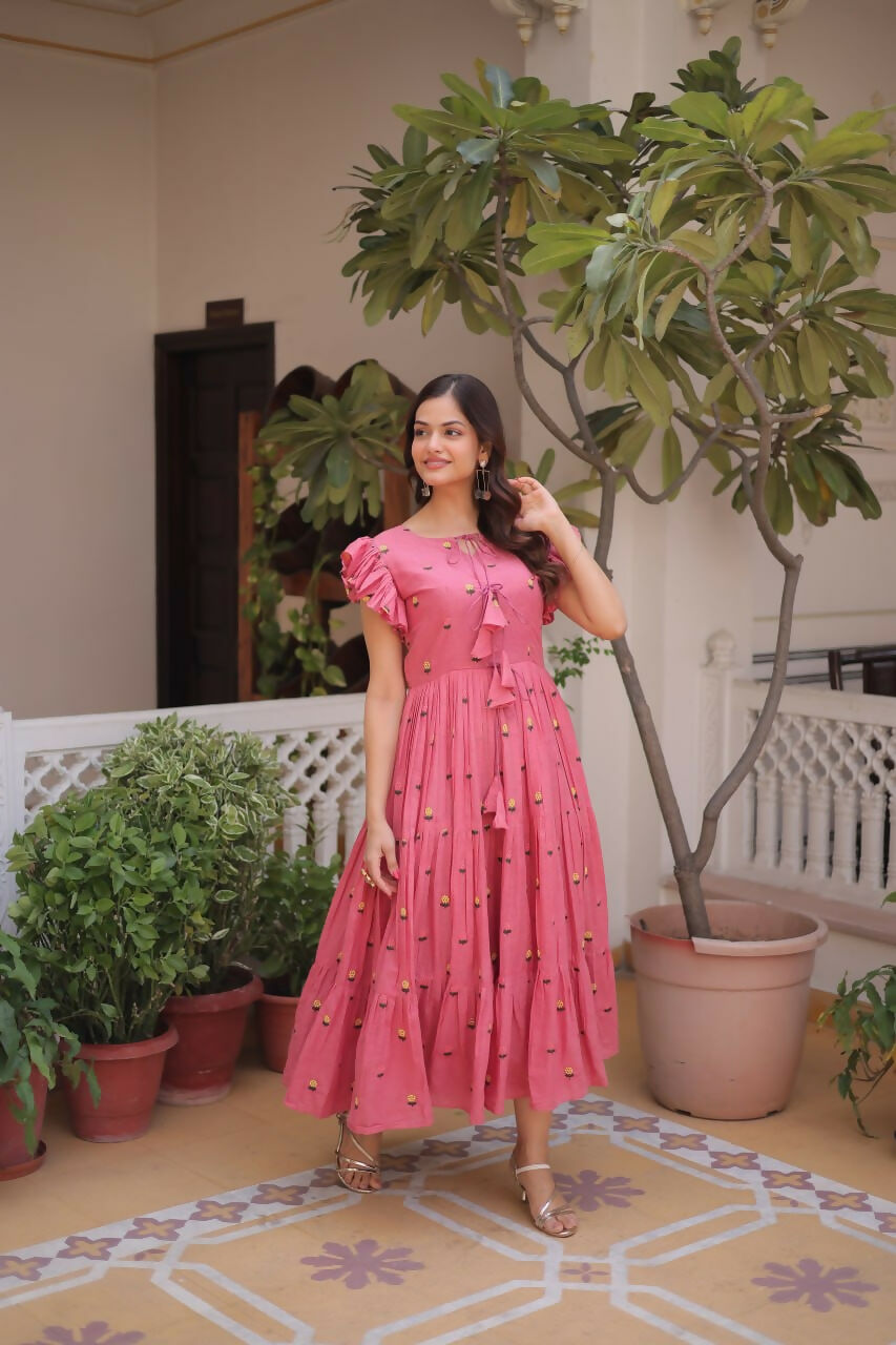Teeya Creation Womens New Summer Wear Cotton Fabric With Embroidered Work Gown Set