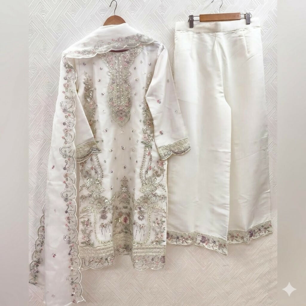 Teeya Creation Womens New Trendy Silk With Heavy Embroiedery With Sequence Work White Kurta Set
