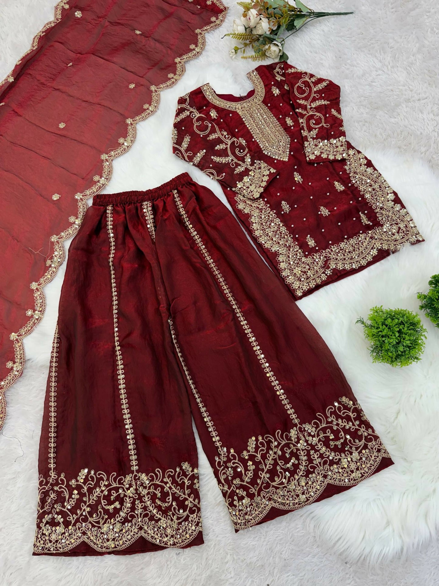 Teeya Creation Girls Heavy Embroidery Maroon Ethnic Kurta And Palazzo Set With Net Dupatta