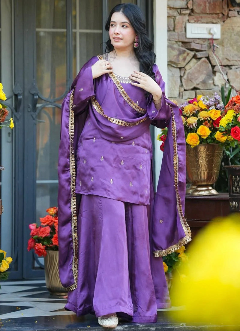 Vegaa Fashion Purple Embroidered Fendi Silk Salwar Suit