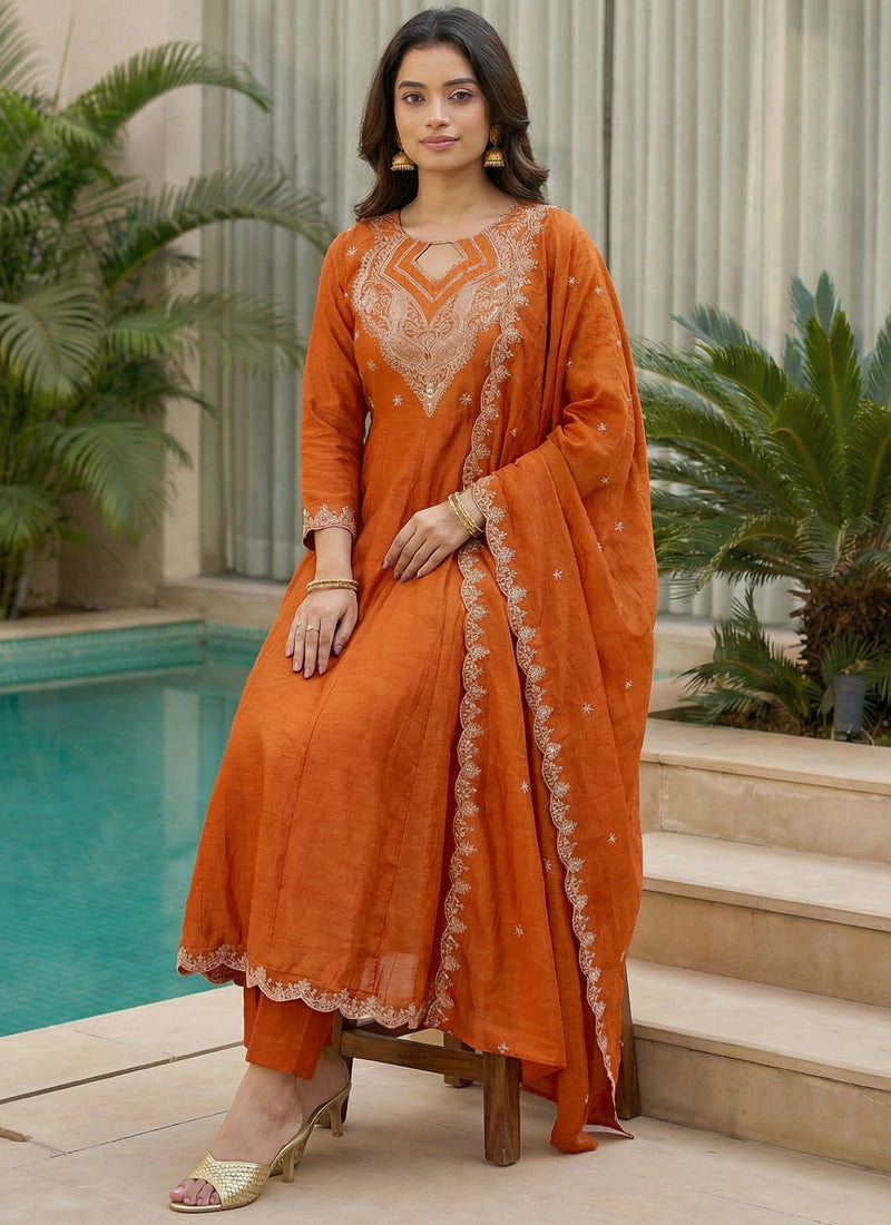 Vegaa Fashion Orange Embroidered Vichitra Anarkali Suit
