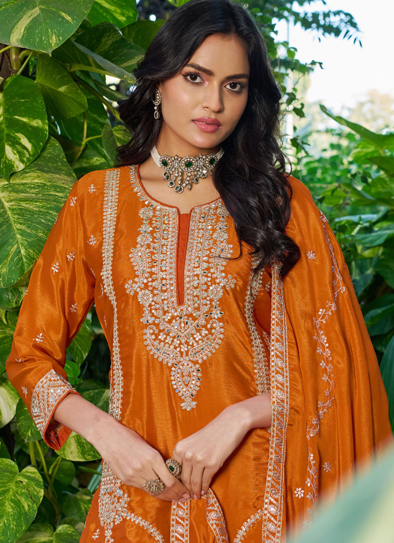 Vegaa Fashion Orange Embroidered Chinon Silk Palazzo Suit