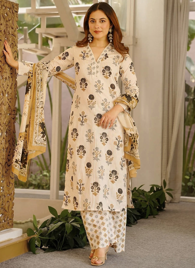 Vegaa Fashion Cream Printed Cotton Salwar Suit