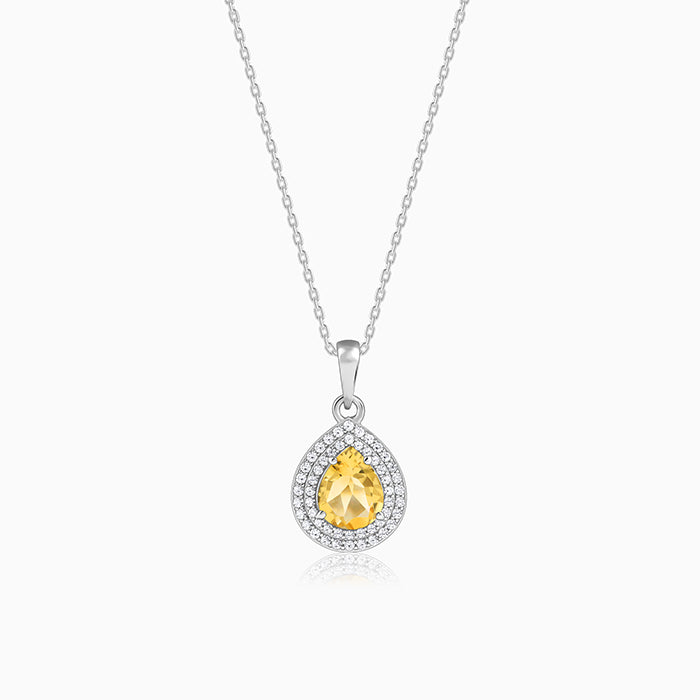 Silver Citrine Drop Pendant With Link Chain