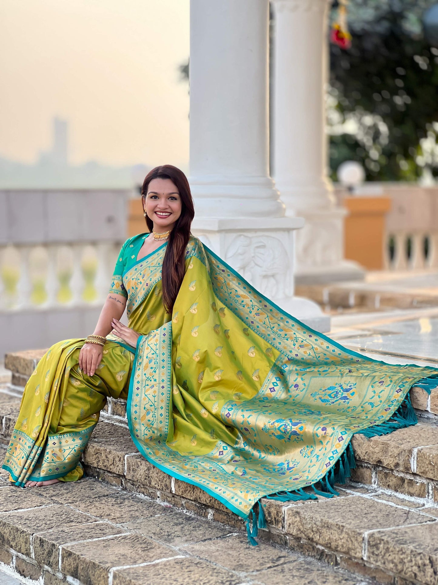 Mameraa Sarees Lemon Yellow Faux Banarasi Silk Saree With Paithani Rich Weaved Pallu And Blouse-Lemon