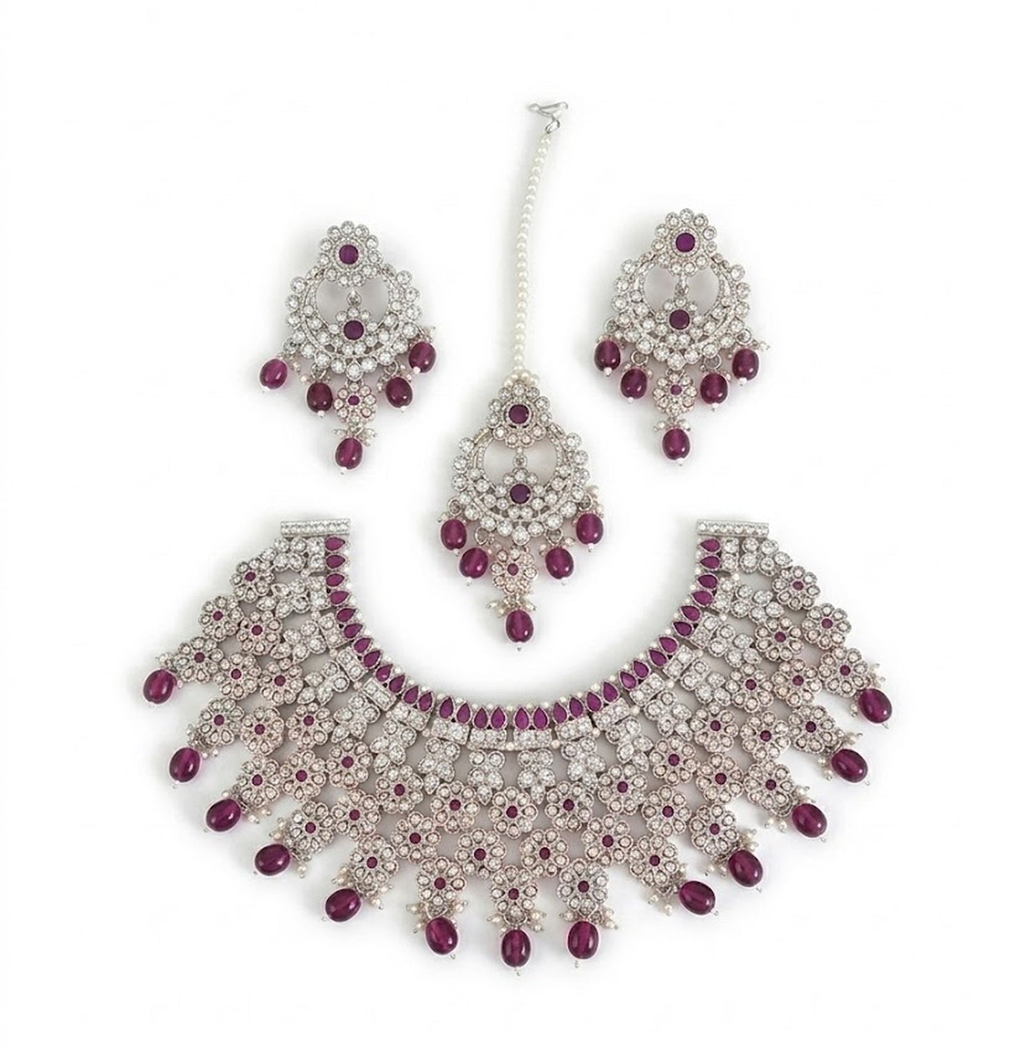 Jewel City Silver Plated Purple Beads Indian Bridal Jewelry Set Choker Necklace-Traditional Wedding Wear Festive Ethnic Jewelry Set