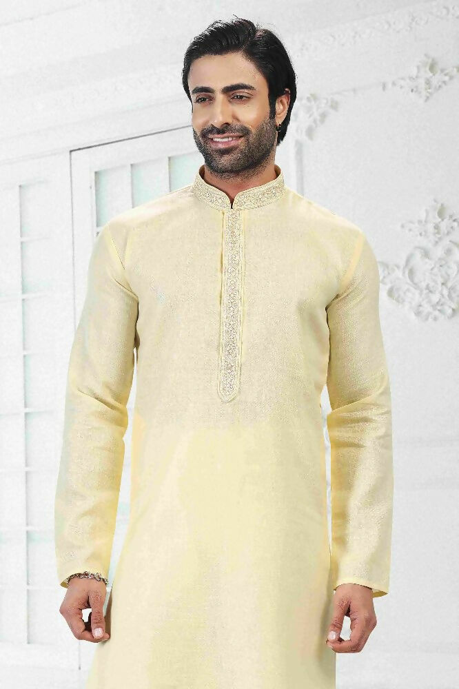 Raivat Ethnic Linen Cotton Thread Work Kurta Pajama In Yellow Colour