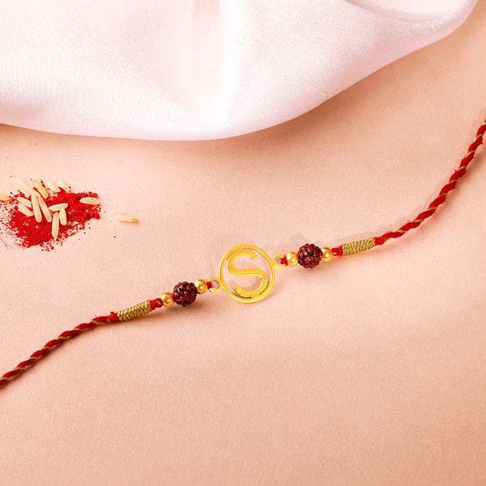 Golden Personalised Initial Rudraksha Rakhi