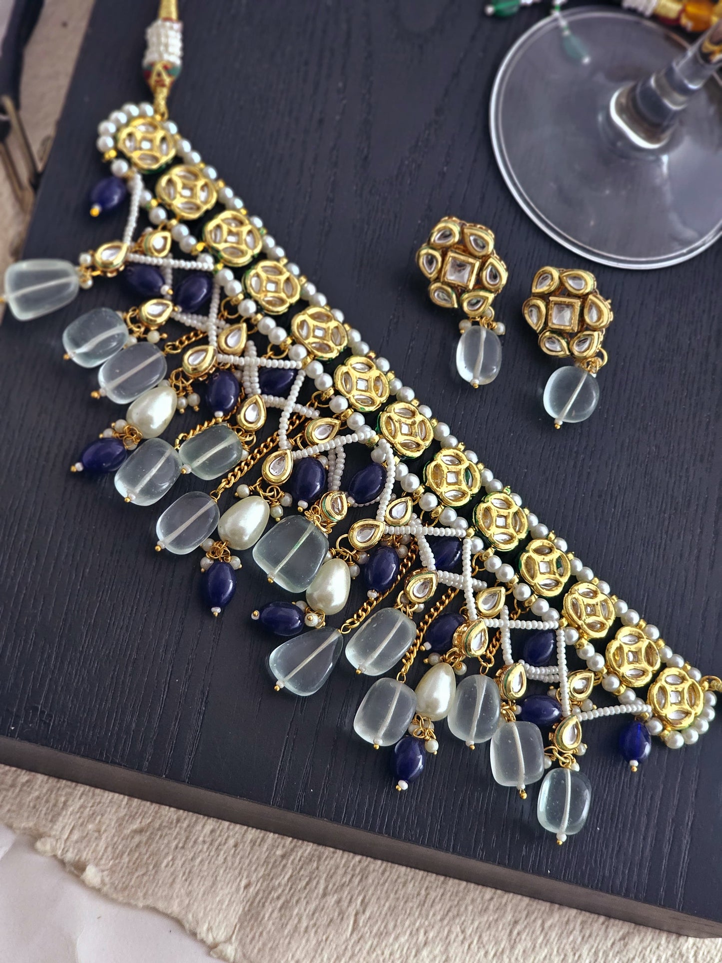 Samira Light Blue Pachi Kundan Necklace Set