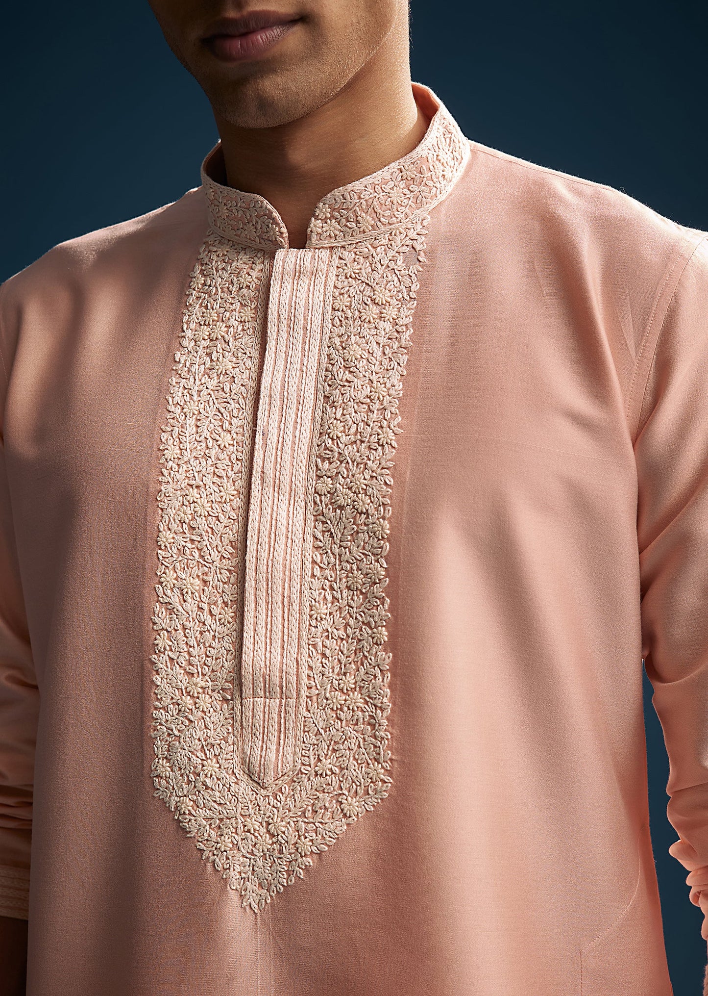 Pink Chanderi Kurta Set For Men With Kashmiri Hand Work
