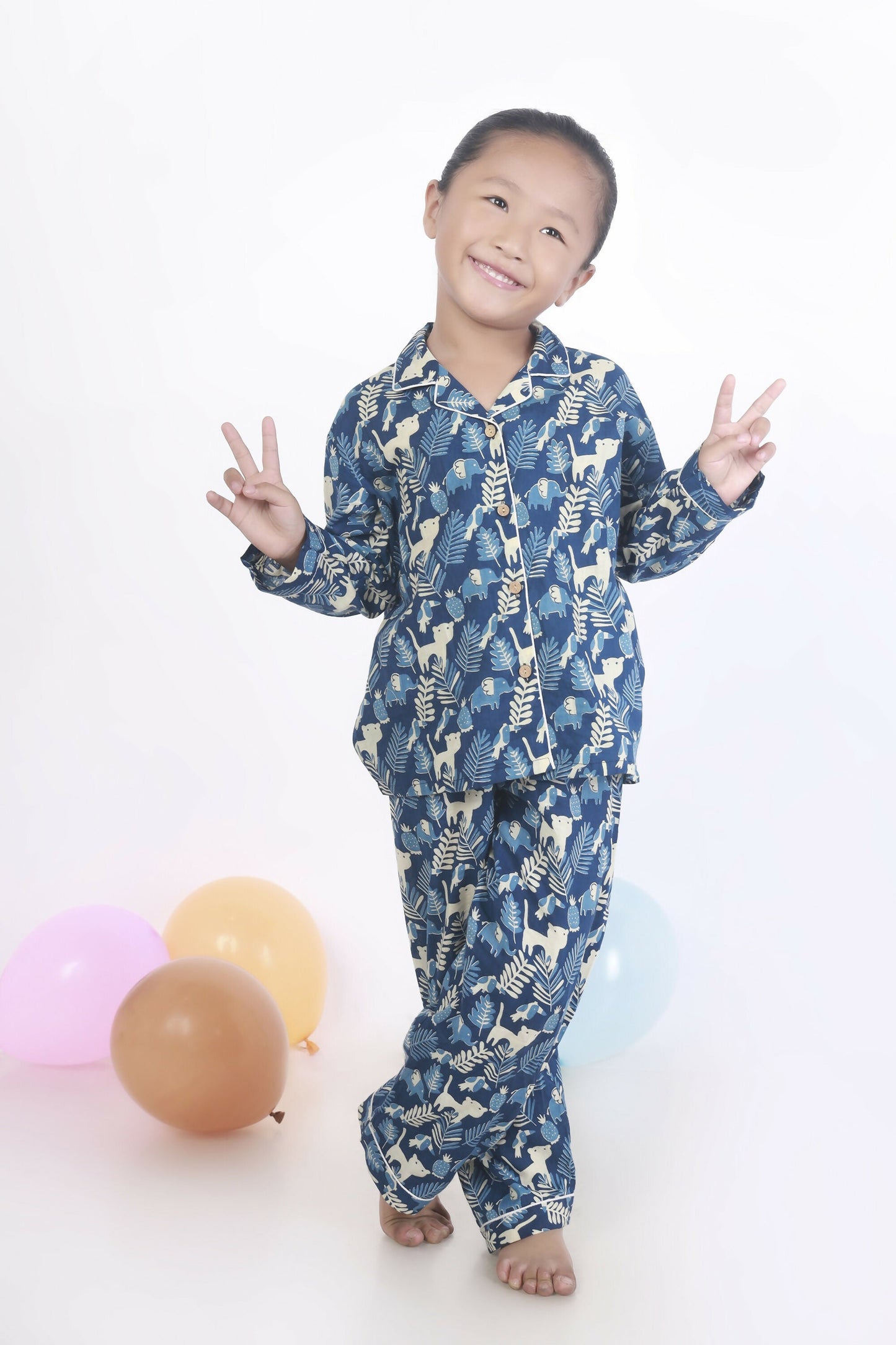 Breathables Kids Cotton Night Suit Blue Jungle Print Shirt & Pyjama Co-Ord Set For Boys & Girls