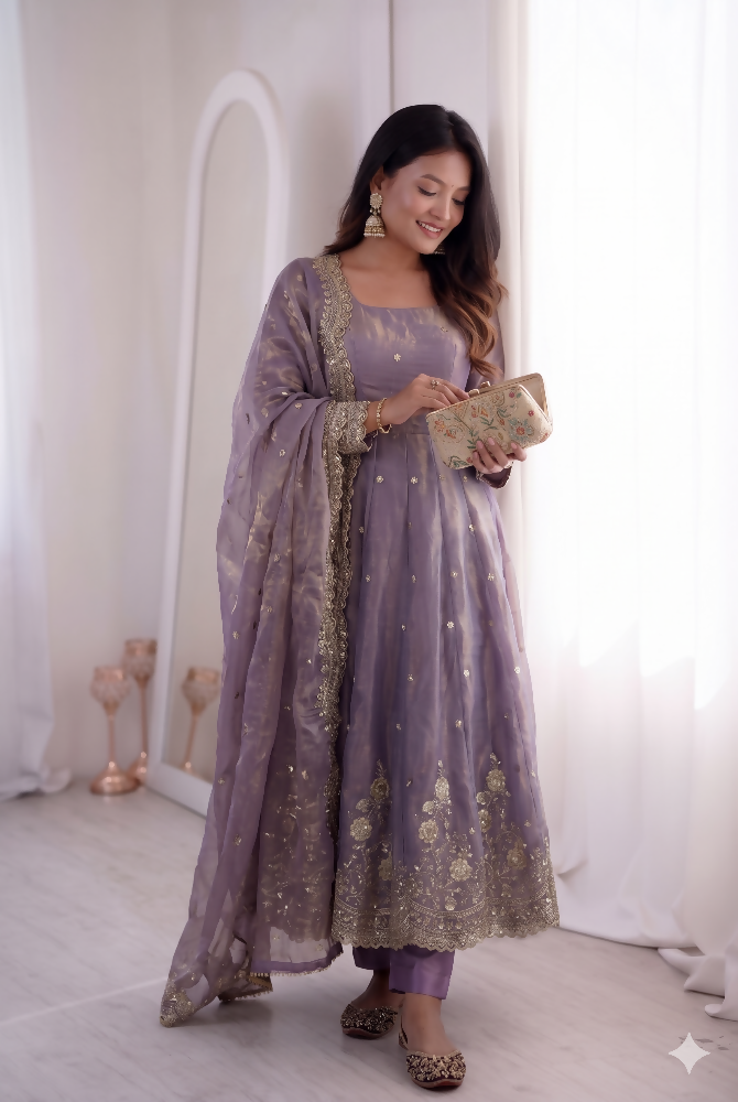 Teeya Creation Womens New Latest Trendy Elegant Lavendar Embroidered Anarkali Suit Set with Scalloped Dupatta