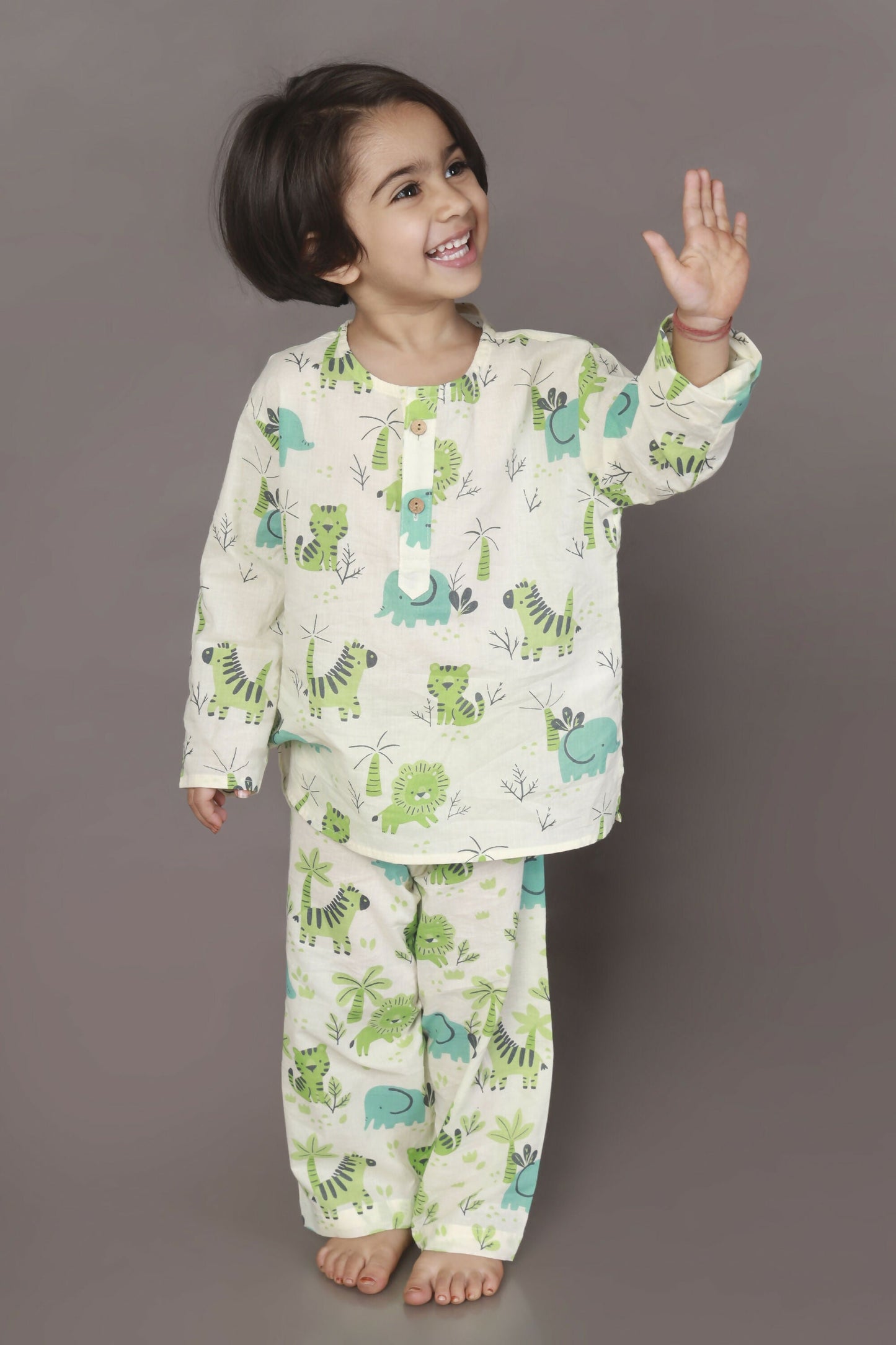 Breathables White Blue-Green Animal Cotton Nightsuit | Boys & Girls Kids