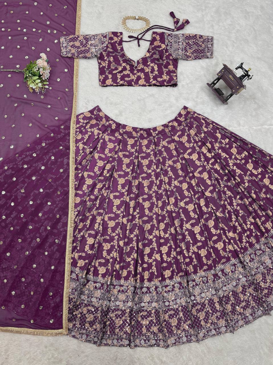 Prazu Fashion Purple Jacquard Thread With Sequence Designer Lehenga
