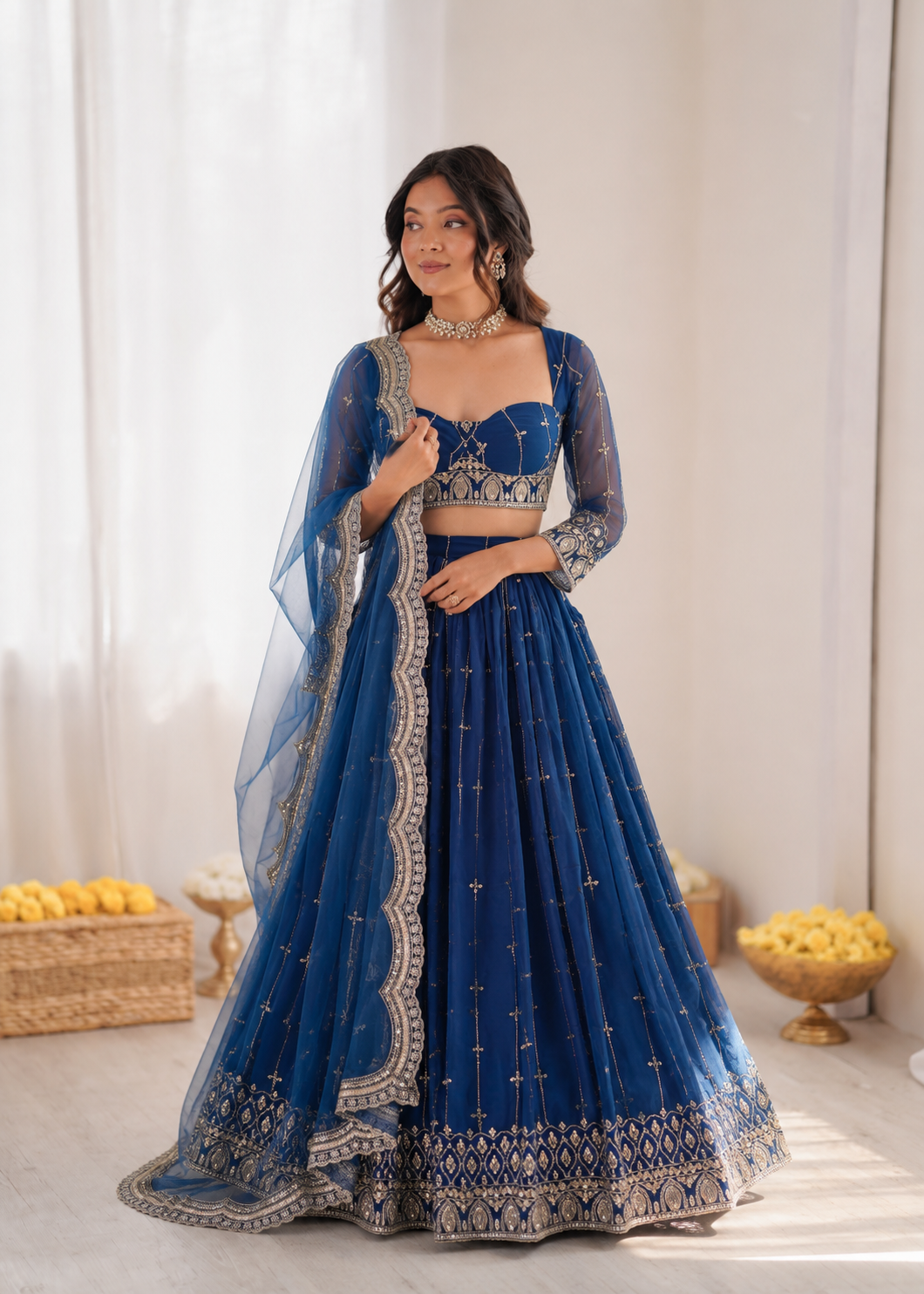 Prazu Fashion Royal Blue Net Thread With Sequence Designer Lehenga