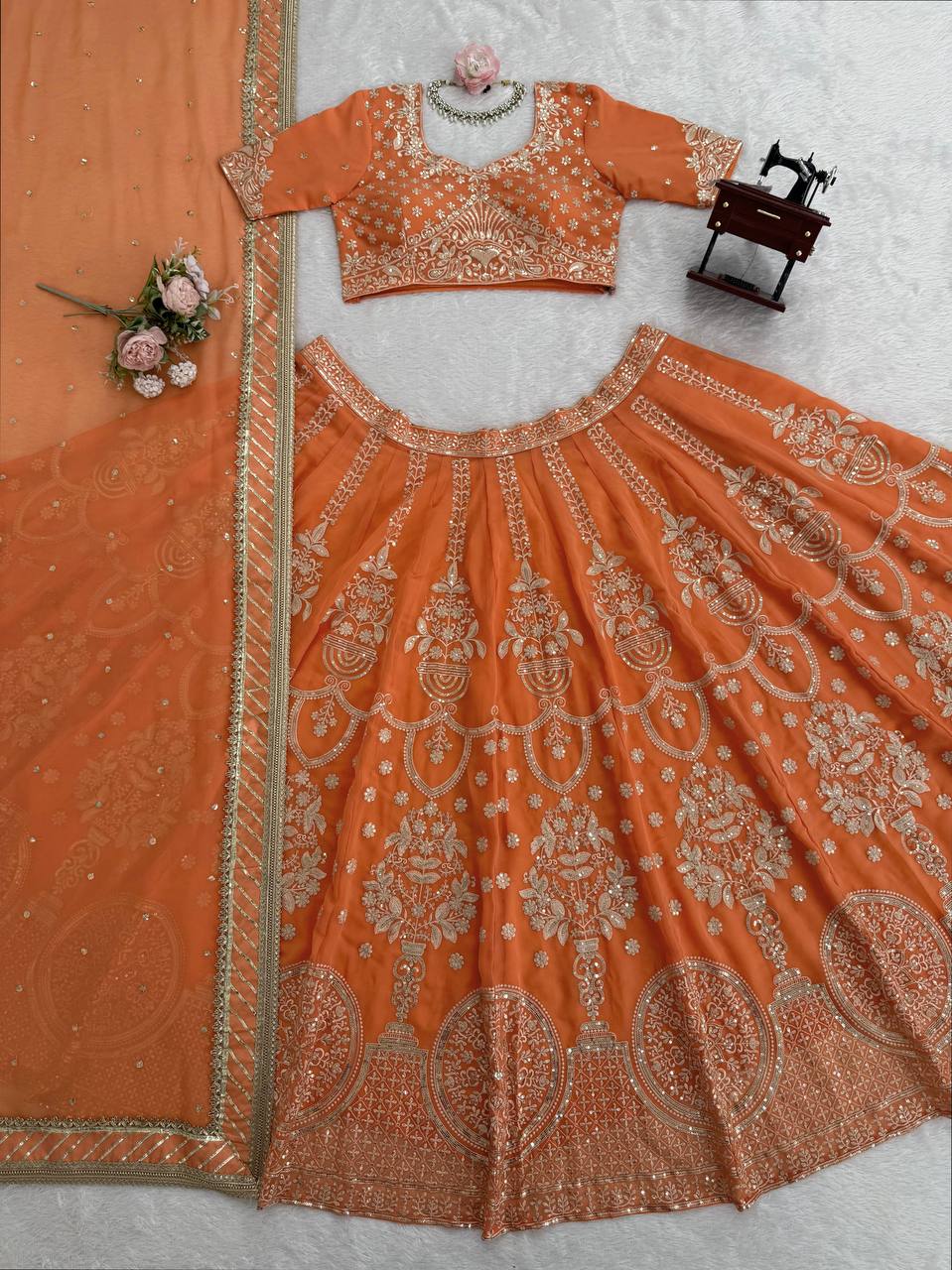 Prazu Fashion Orange Georgette Thread With Sequence Designer Lehenga