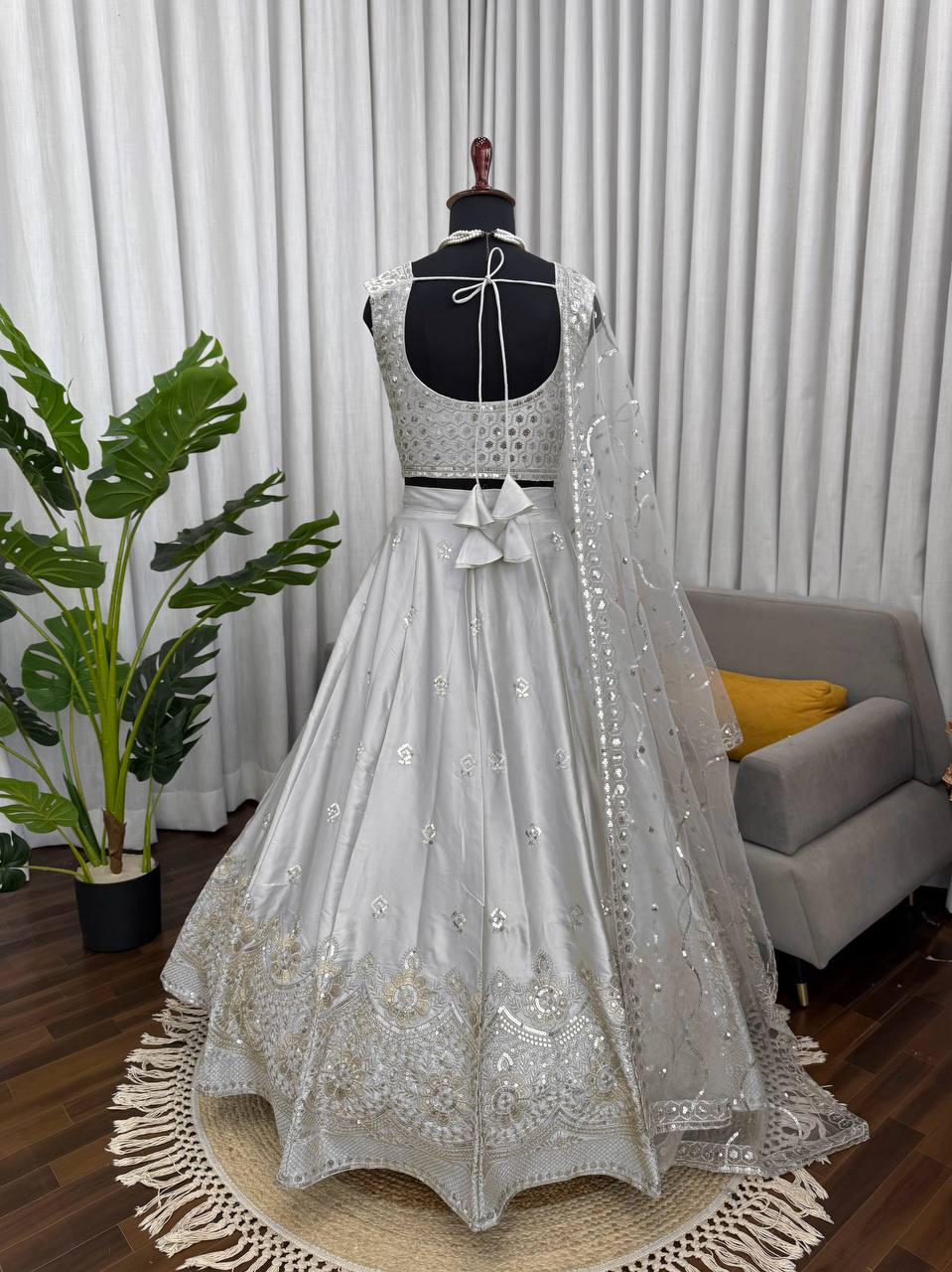 Prazu Fashion Light Grey Jatan Silk Thread With Sequence Designer Lehenga